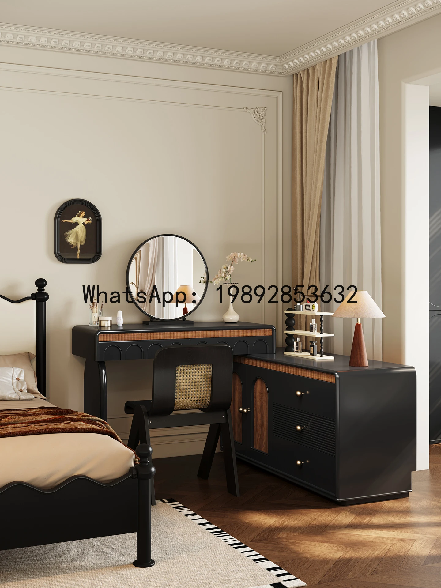 YFY Solid Wood Vintage Style Dressing Table and Chest of Drawers Integrated Retro Corner Master Bedroom Makeup Table