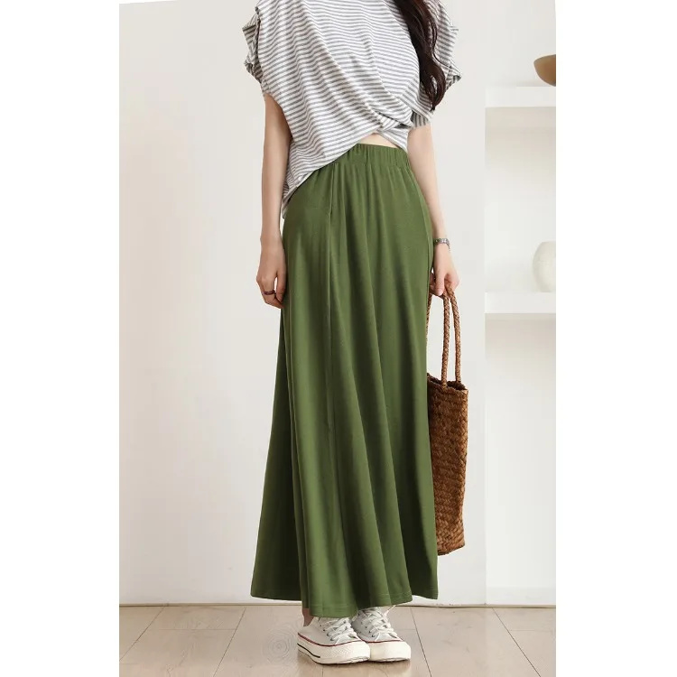 Gonna longuette a trapezio ampia Gonna lunga con cintura in puro colore da donna Coreano Sle Pendolarismo Misto cotone poliestere Estate 2025