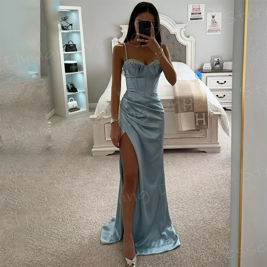 Graceful Blue Women\'s Mermaid Charming Evening Dresses Sexy Spaghetti Strap Prom Gowns Modern Side High Split Vestido De Noche