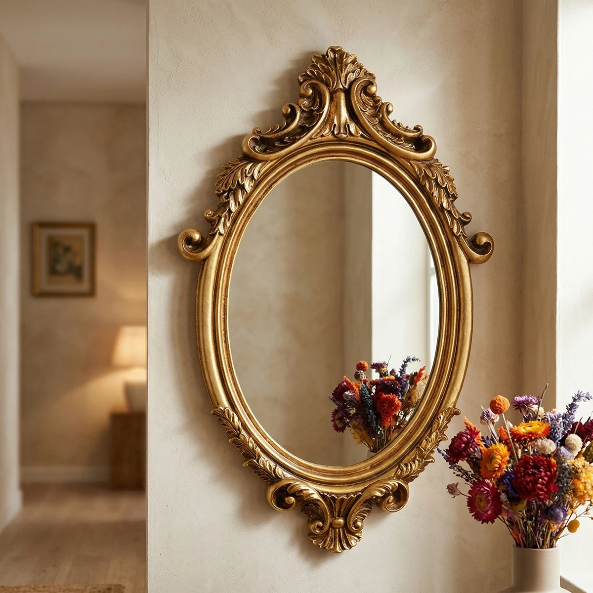 1PC, French-Style Antique Relief-Patterned Oval Decorative Mirror, Suitable for Use in Entrance Hall, Bedroom and Dressing Table