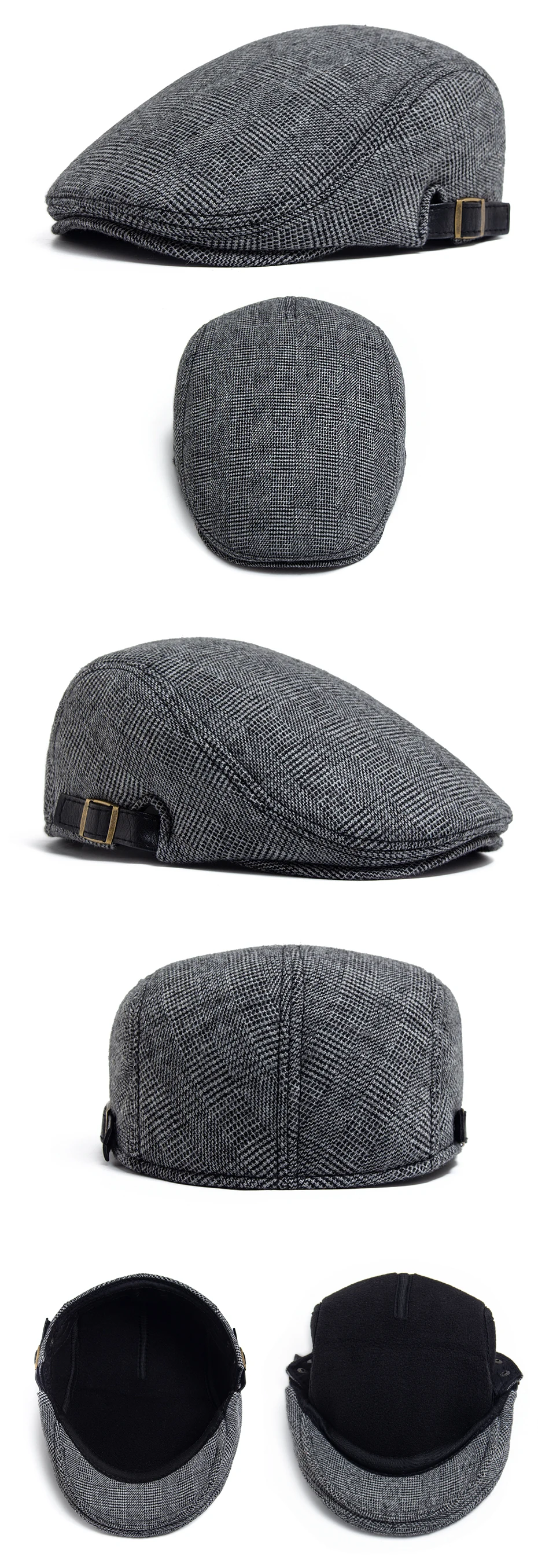 Wolle Vintage Baskenmütze Männer Winter Plus Samt Warme Flache Hut Lässige Berets Retro Mode Zeitungsjunge Mütze männer Zweireiher Einstellbar – Detail 7
