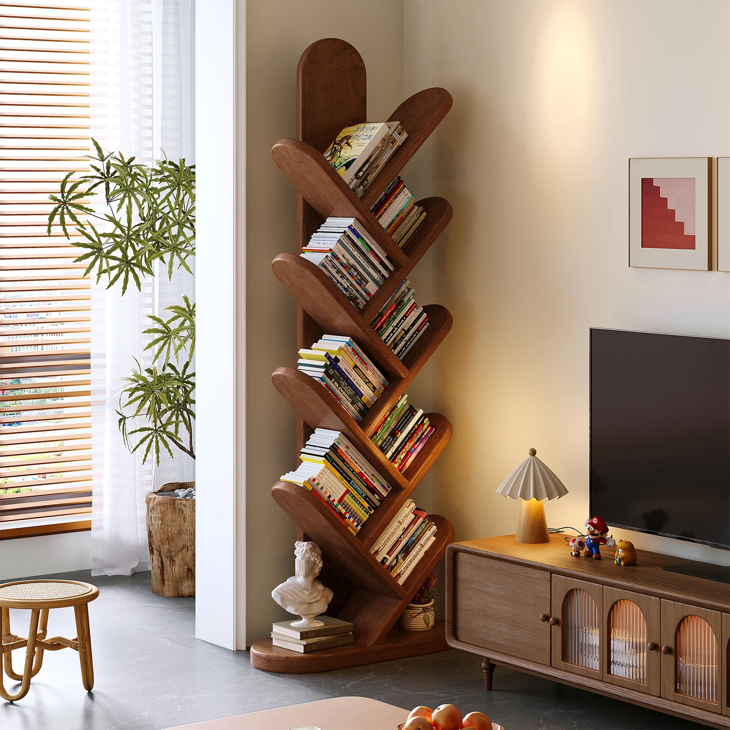 Solid wood tree-shaped bookshelf floor-to-ceiling corner narrow living room integrated against the wall creative simple