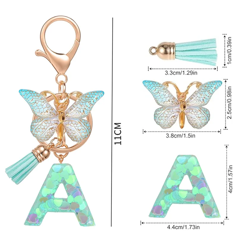 Fashion Green Tassel Butterfly 26Letter Keychain Heart-shaped Sequin Filled Resin Alphabet Keyring for Women Car Handbag Pendant