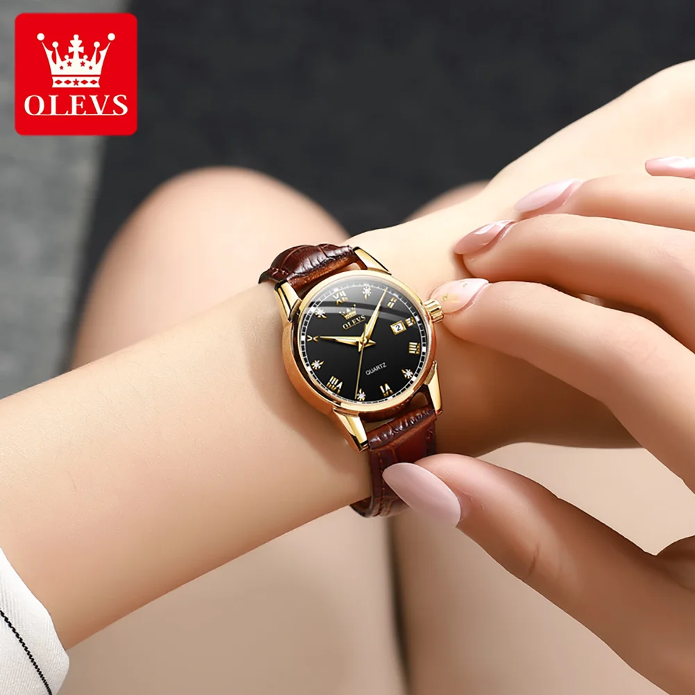 OLEVS 2024 Fashion Quartz Watch for Women Leather Strap Waterproof Calendar Womens Watches Top Brand Luxury Ladies Wristwatches