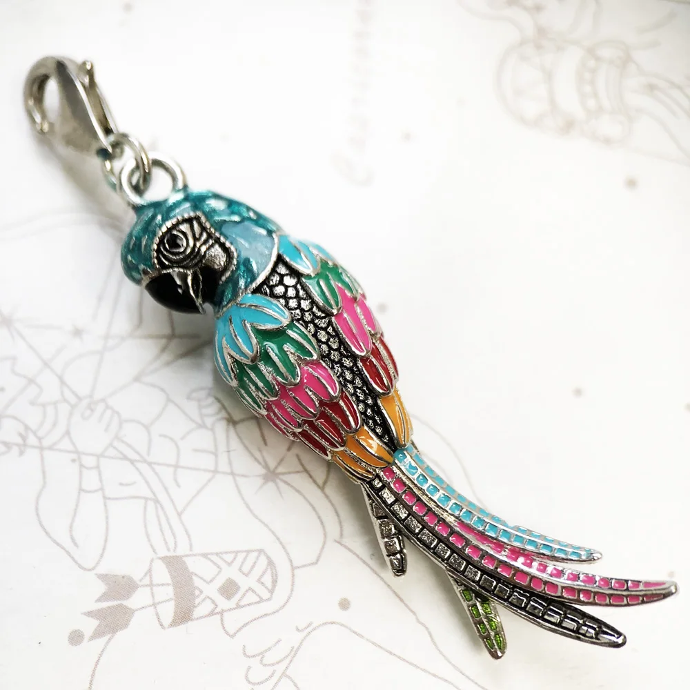 Solid 925 Sterling Silver Colorful Parrot Pendant Charm Summer Jewelry Gift For Women Men