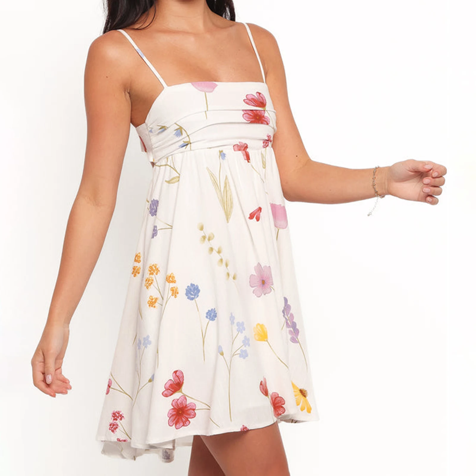 Combhasaki feminino verão sem mangas alças finas ajustáveis casual floral impressão amarrar arco recorte sem costas mini vestido de festa linha a
