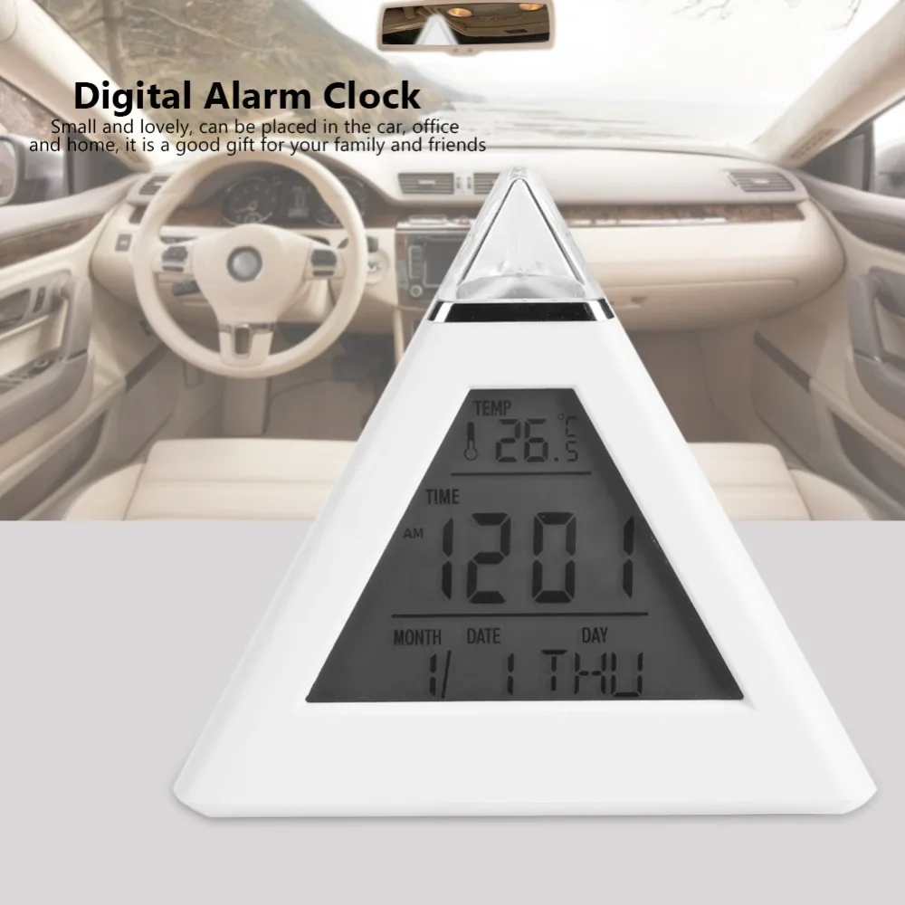 Pyramid LED Alarm Clock Color Changing White Digital Alarm Clock Digital Display Battery Operated Night Light Snooze Function