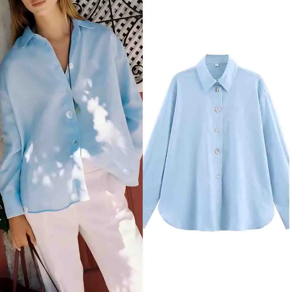 

Women's new fashion patchwork button decoration loose solid lapel shirt retro long sleeved women's shirt chic top