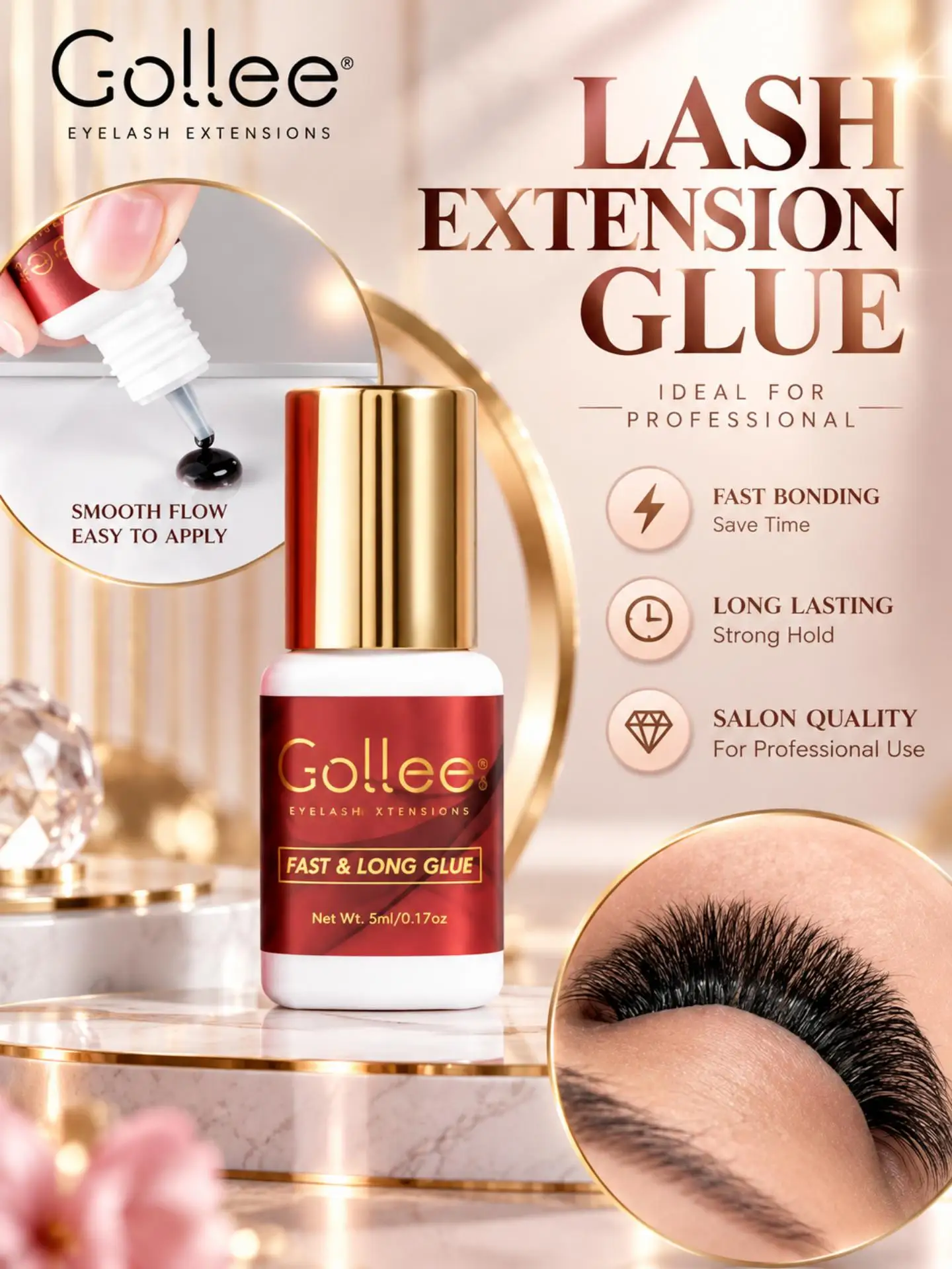 Gollee Low Allergy Extra Strong Eyelash Extension Glue 1s Dry Fast Lash Glue 6-8 Weeks Low Stimulus Long Lasting Super Bonder