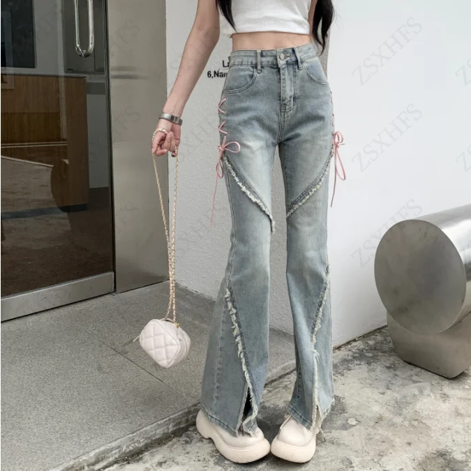 Korea Sweet Straight Cut Denim Jeans Vintage Bandage Casual Jeans Women High Waist Fart curtain All Seasons Long Pants Trousers