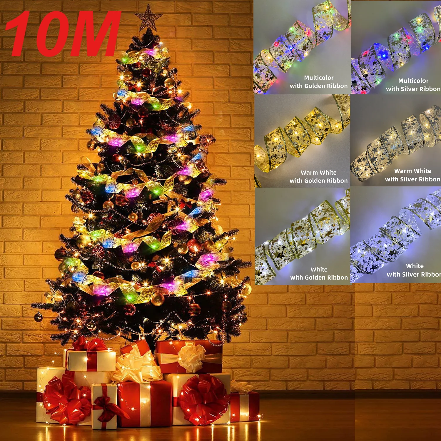 10M 100LED Christmas Ribbon Lights Fairy Led String Lights for Christmas Tree Double Layer Copper