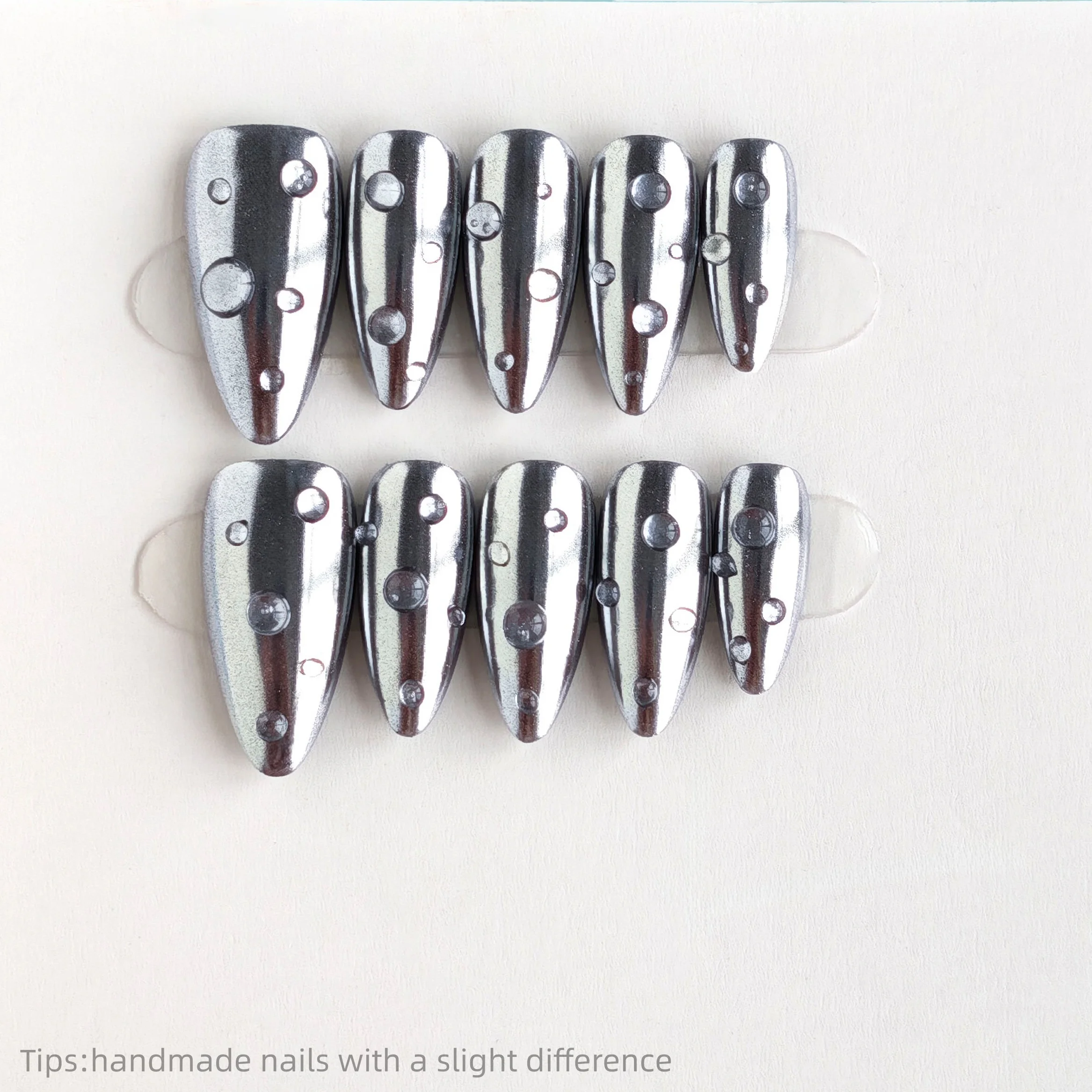 

10 шт., ручная работа, серебряные капли воды, стразы, пресс для ногтей, миндальные длинные полное покрытие, носимые многоразовые блестящие модные накладные ногти