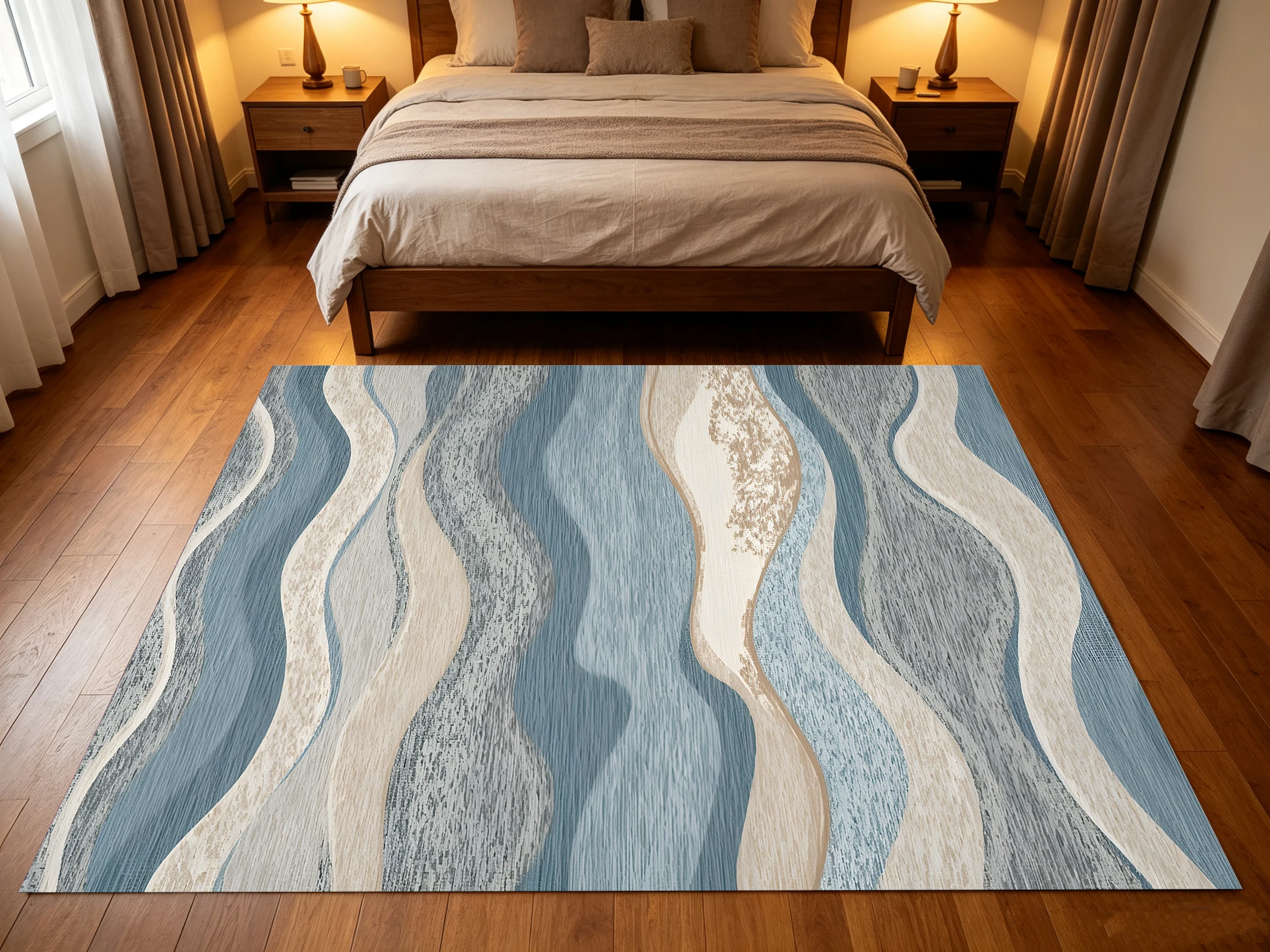 2D Large Rug with Abstract Wavy Pattern in Gray, Blue, & Brown, Perfect for Living Room & Bedroom, Enhancing the Space &