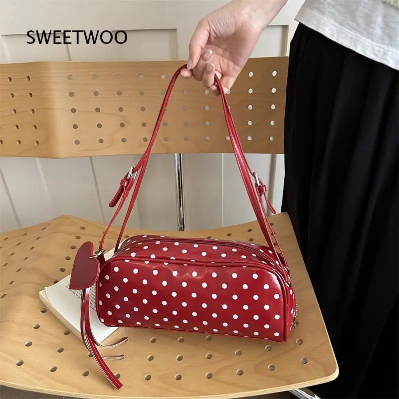 Red White Polka dot Cylinder Baguette Shoulder Bag Heart Pendant Adjustable Strap PU Leather Retro Y2K Casual Underarm Handbag