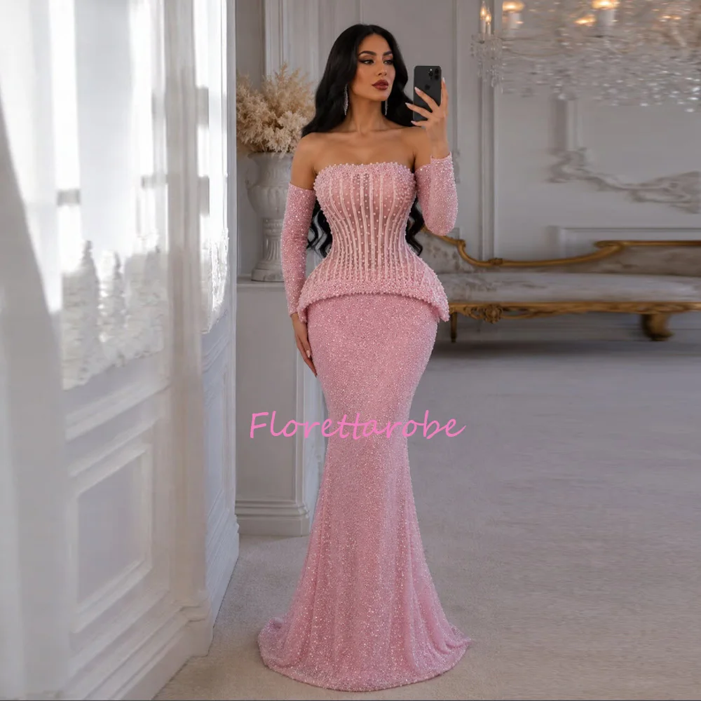 

Pink Strapless Prom Dress for Woman Mermaid Beadings Formal Party Gown Saudi Arabric Evening Dresses Vestidos De Fiesta Customiz
