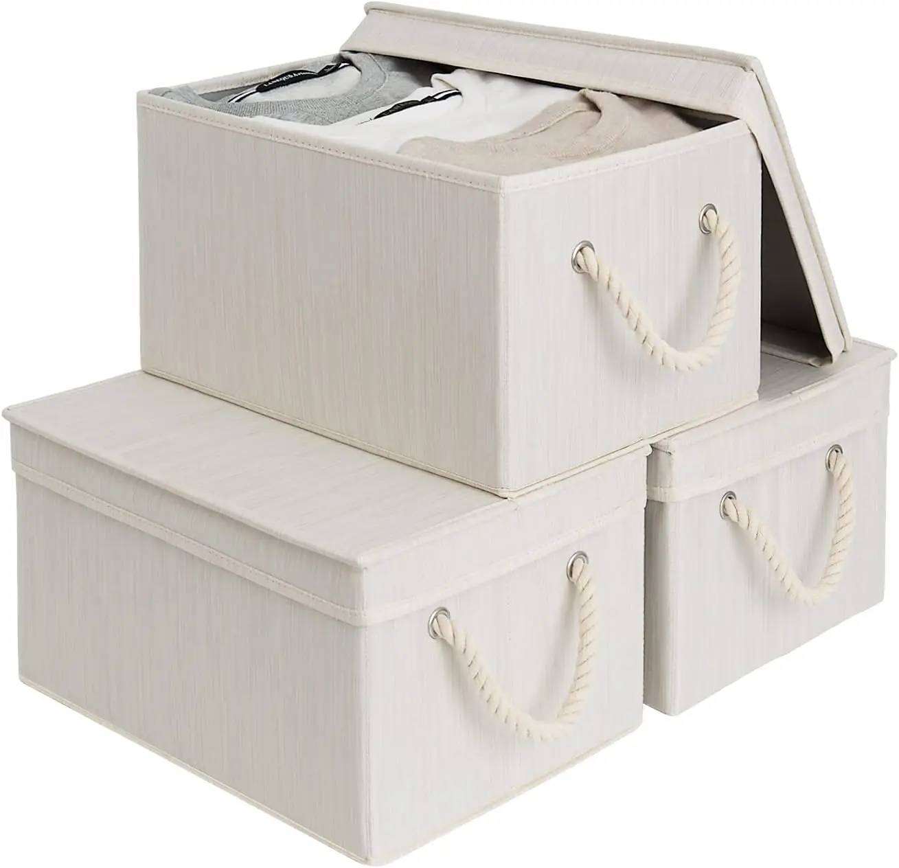 

Storage Bins with Lids, Decorative Storage Boxes with Soft Rope Handles, Foldable Stackable Storage Baskets for Closet, Shelv