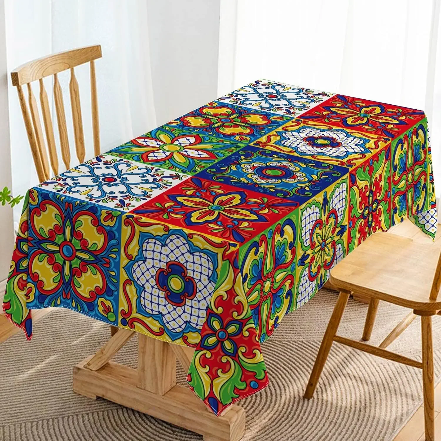 Mexican Talavera Ceramic Tile Rectangle Tablecloth Holiday Party Decorations Reusable Waterproof Tablecloth Kitchen Table Decor