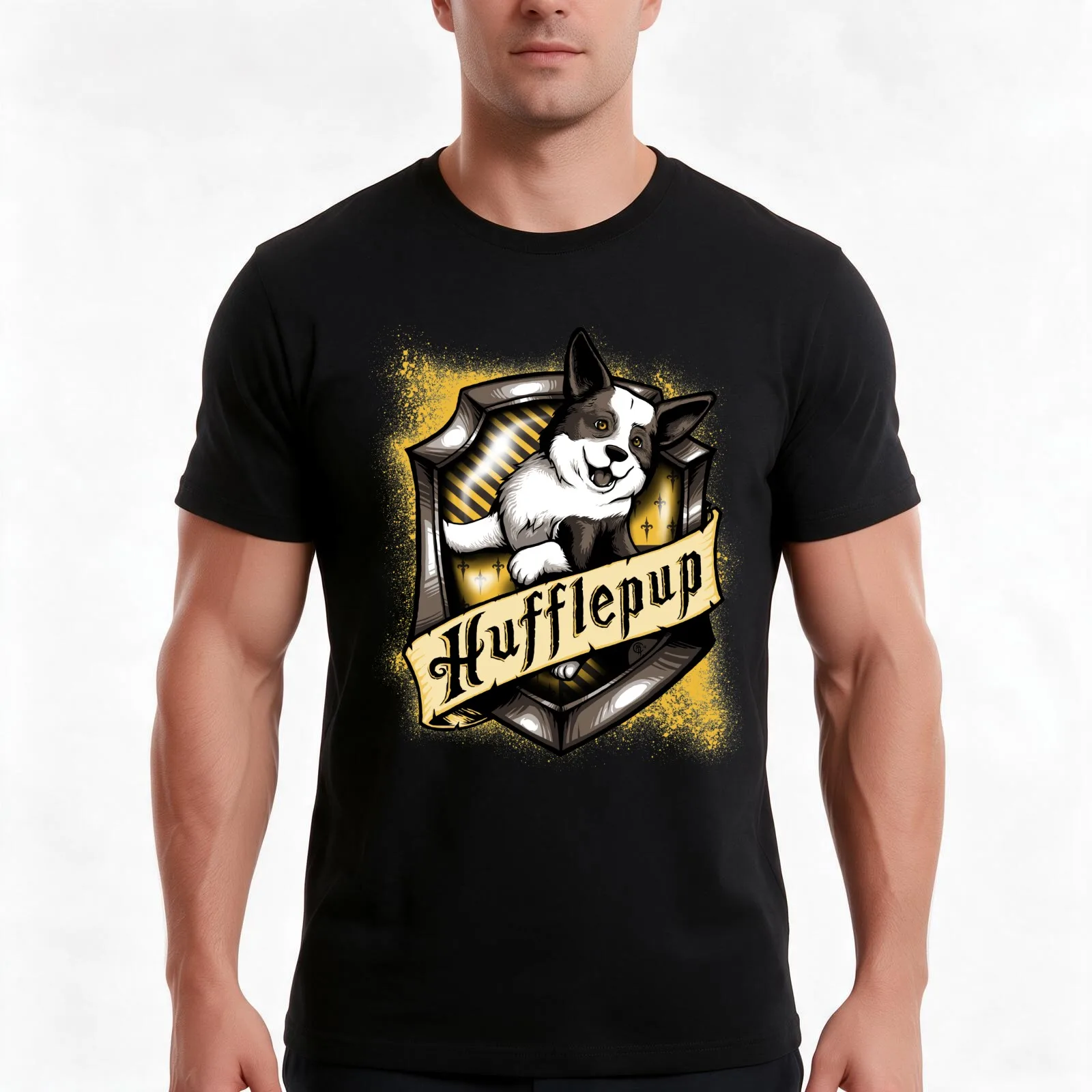 Hairy Pupper Doghouses - Hufflepup T-Shirt, Summer Casual Cotton Tee, Oversized Streetwear Tops, Vintage Graphic Print