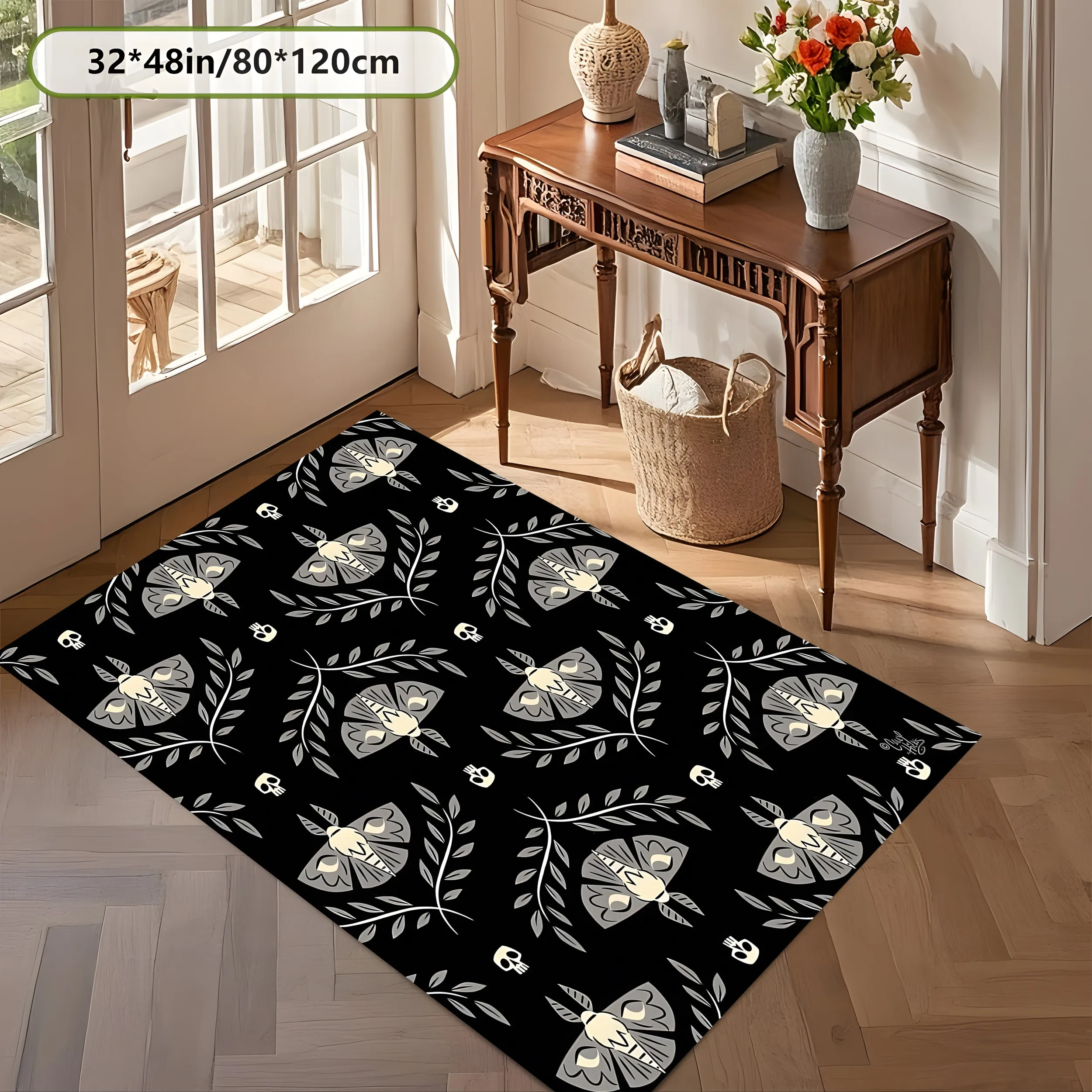2D Large Carpet Skull Moth Vine Dark Gothic Style for Living Room Bedroom