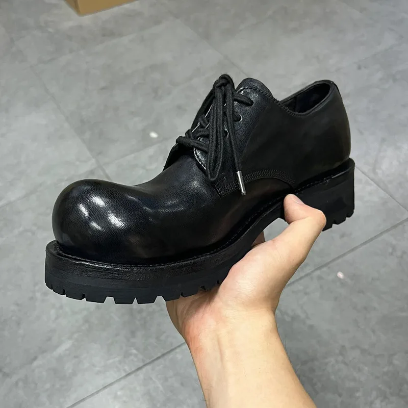 Retro Chunky Heel Platform Large Size Unisex Leather Shoes Big Head All Match Casual Loafers Fashion Increasing Runway Sneakers