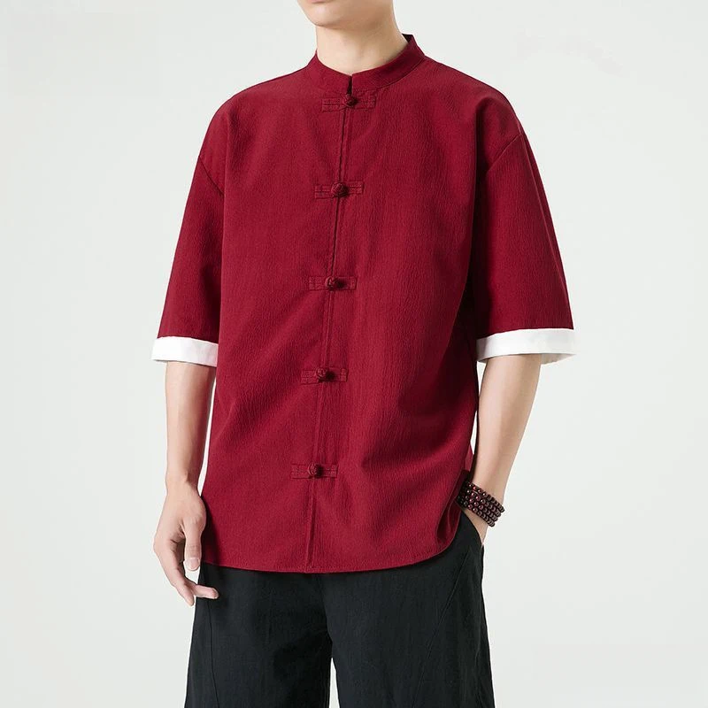 Chinese Tang Suit Shirt for Men Traditional Frog Buttons Linen Cotton Blend Retro Style Half Sleeve Mandarin Collar Casual Top