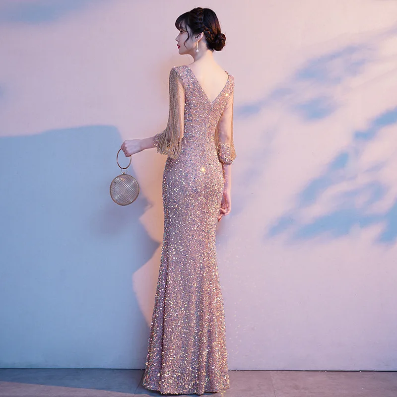 Robe de Soirée de Forme Sirène à Paillettes pour Femme, Tenue Élégante à Fermeture Éclair, Manches Mi-sulf, pour Cocktail, Bal de Promo, 2023