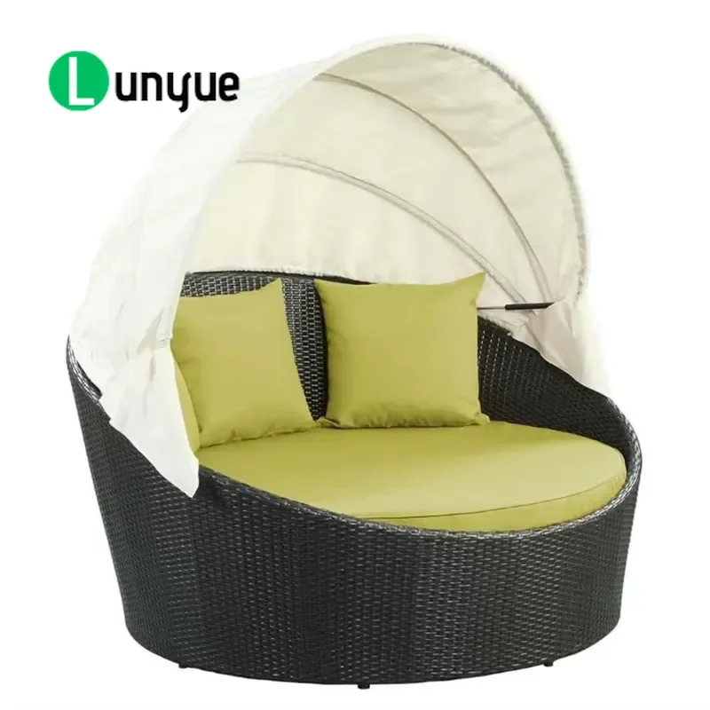 Outdoor PE Rattan Chaise Lounge with Retractable Awning Round Wicker Sunbed for Backyard Poolside Patio Garden Furniture