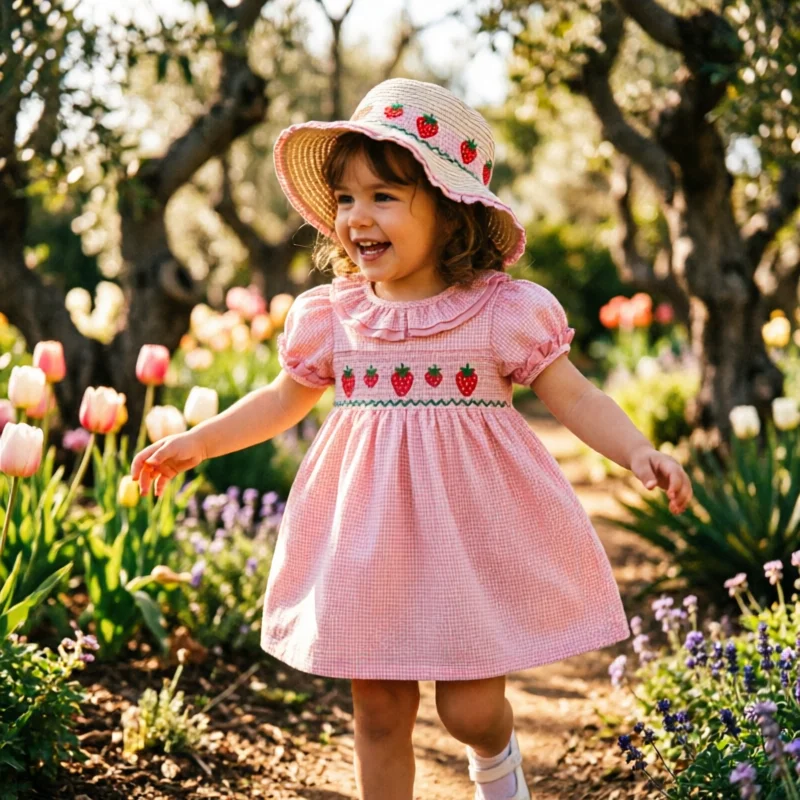 Spanish Style Girls Dress Summer Cotton Breathable Strawberry Embroidery Smocked Plaid Cute Princess Dress for Toddler Kids