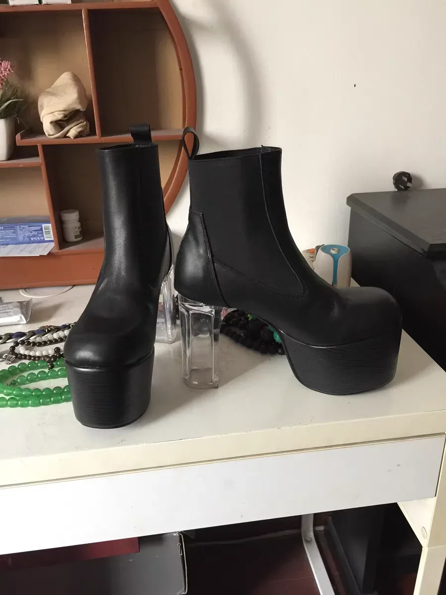 Black Platform Transparent Heel Ankle Boots Woman Winter 2026 Round Toe Short Boots Fashion Women's Boots Shoes for Women