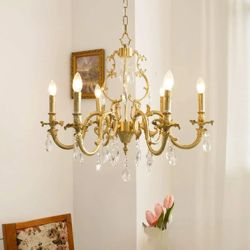 

American medieval classic six arm brass crystal lamp French retro living room dining room pendant lamp