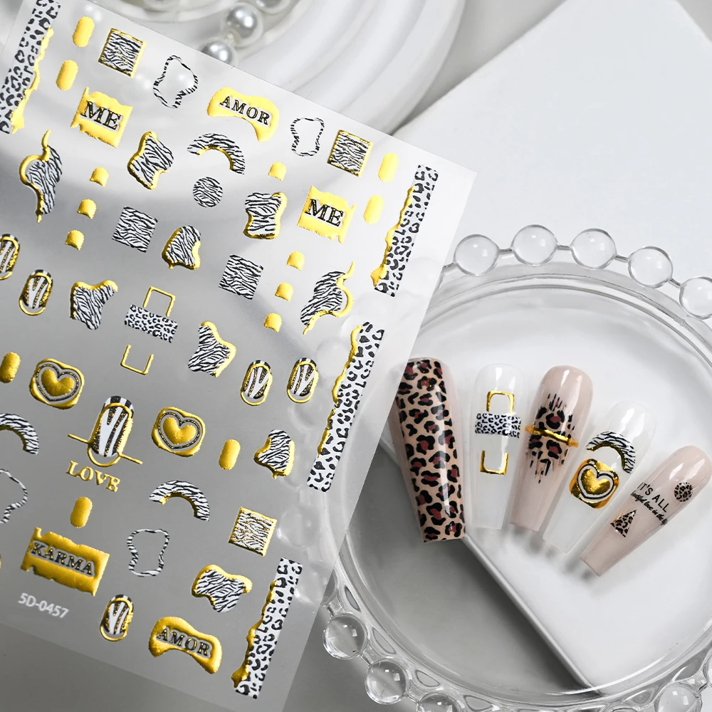 

5D Gold Foil Leopard Print Nail Art Stickers Abstract Line Word Self-Adhesive Nail Decals Golden Stars Moon Manicure Decoration