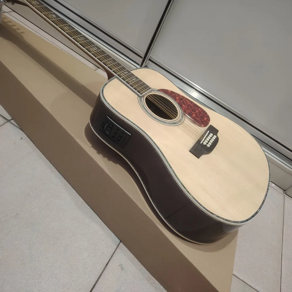 Handmade 12-String with EQ Acoustic Guitar, Transparent Natural Wood Color, Solid Spruce Panel, 20 Frets