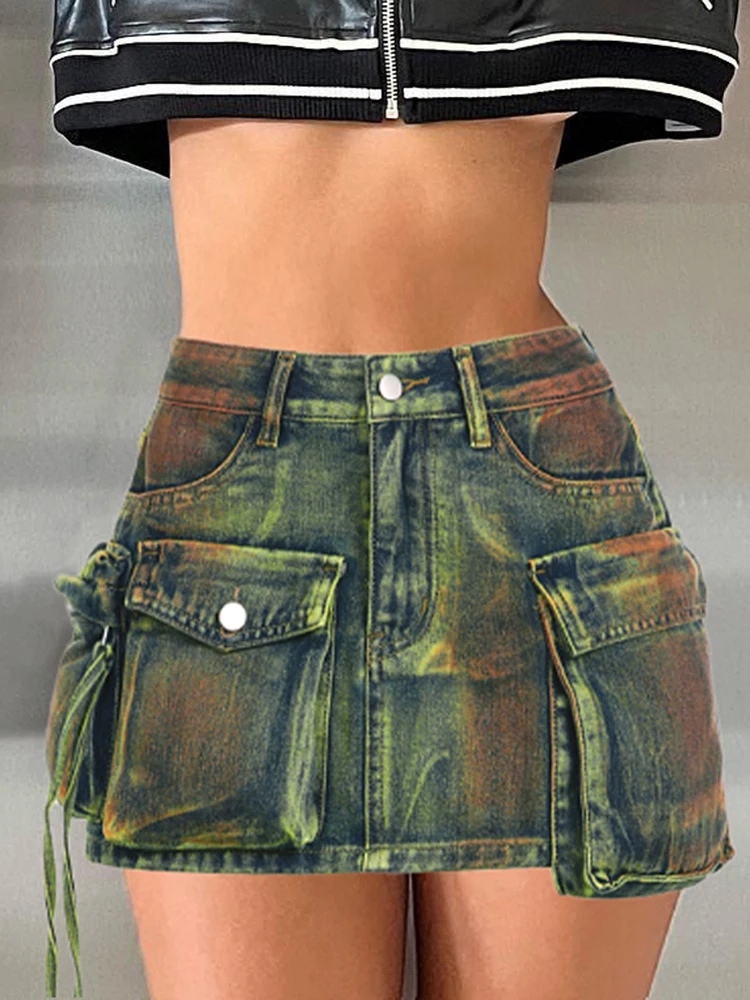 IAMSURE Safari Style Big Pockets Denim Skirt Sexy Slim Mid-Waisted Mini Skirts Women 2023 Summer Fashion Streetwear Ladies