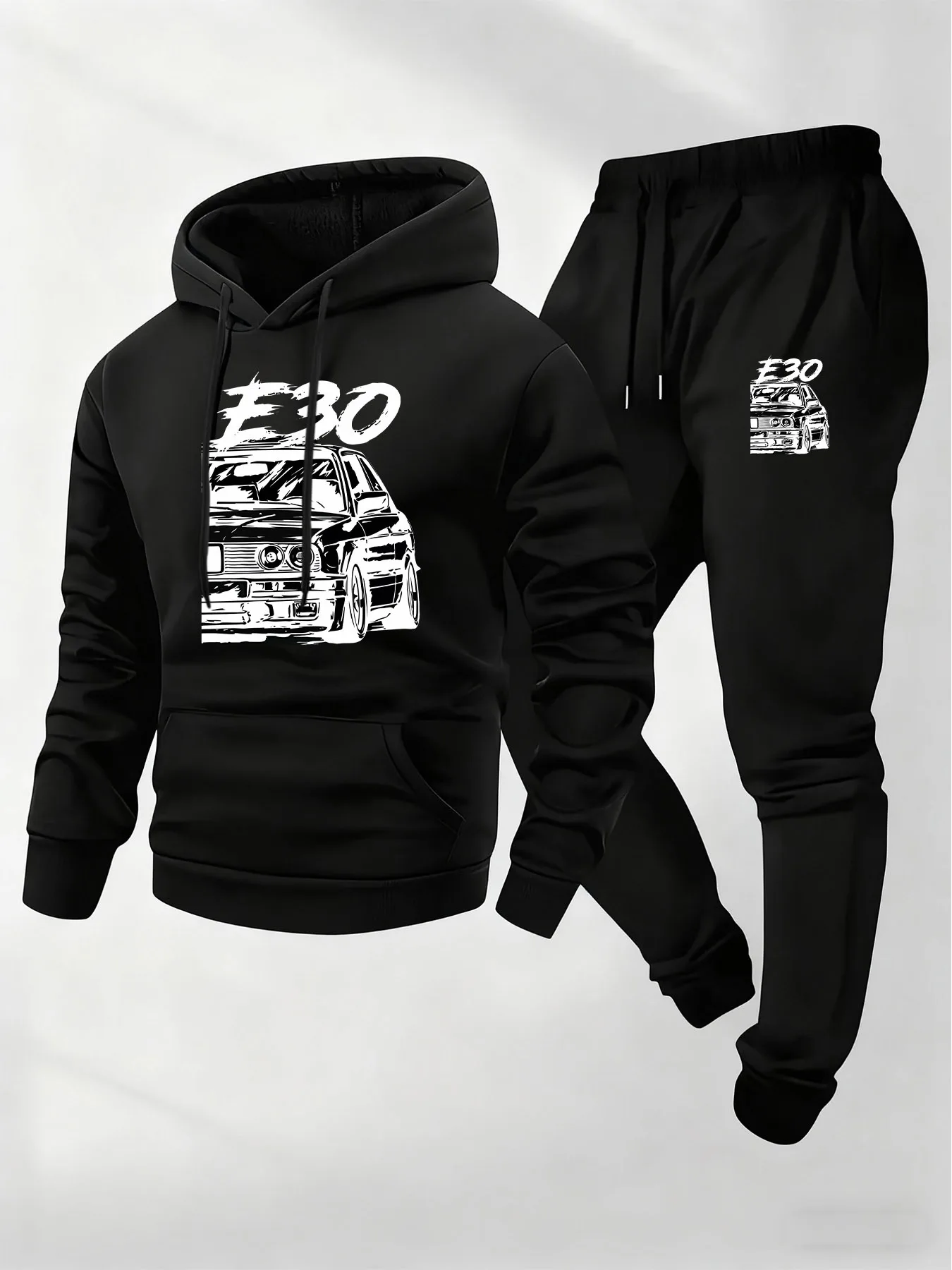 

2026 Men E30 Classic Side Print Fleece Hoodie 2Pcs Set Winter Warm Thick Tracksuit Casual Sport Jogger Outfit Soft Comfortable
