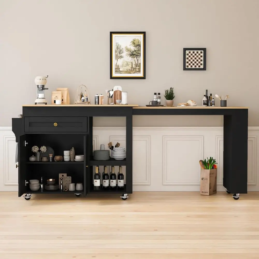 جزيرة المطبخ المتدحرجة مع طاولة قابلة للتمديد، رف توابل، درج وخزانة، أسود #3