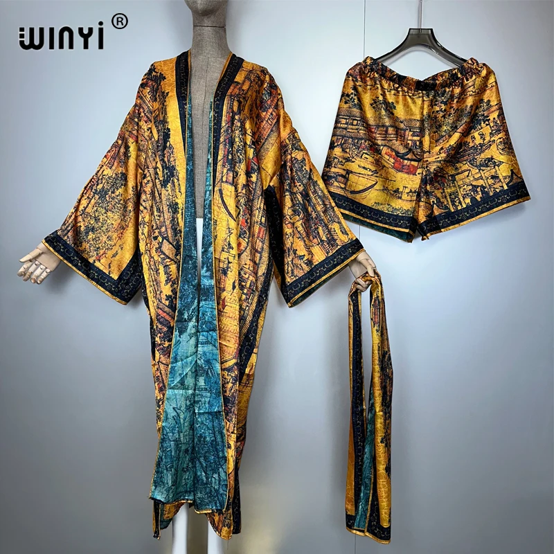 WINYI جودة عالية قطعتين مجموعات الصيف الزي امرأة البوهيمي طباعة كيمونو الطابق طول الشاطئ التستر عباية دبي فستان فاخر