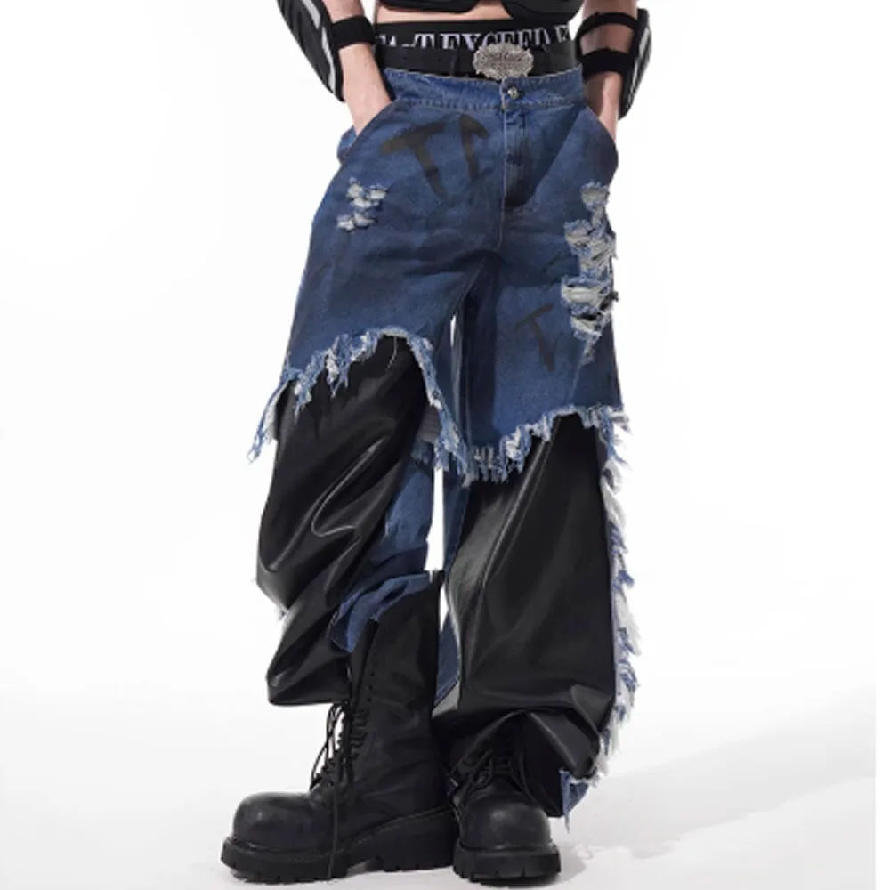 Gefälschte zweiteilige Patchwork-Jeans für Herren, Sommer, handbemalte Buchstaben, schmutzige Farbstoffe, raue Kanten, zerrissene Löcher, Hose mit geradem Bein