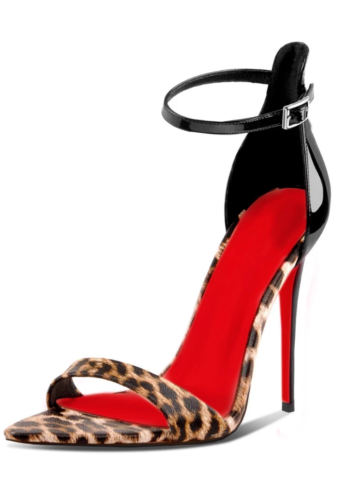 

2025 new leopard print pointed toe exposed toe straight strap thin heel sandals sexy red soled high heels fashion shoes