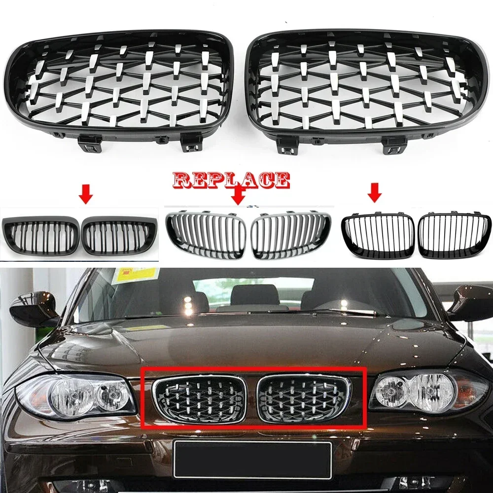 1 Pair Fit 07-13 BMW 1 series E81 3-door E87 5-door E82 Coupe E83 Modified Upgraded Diamond Grill Grille Front Kidney Stripe