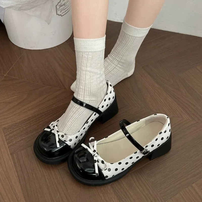 Damen Mary Jane Schuhe mit Polka Dots, Schleifendekor, klobigem Blockabsatz, runder Zehenpartie, Pumps mit einem Riemen, süße Vintage-Kleiderschuhe – Detail 1