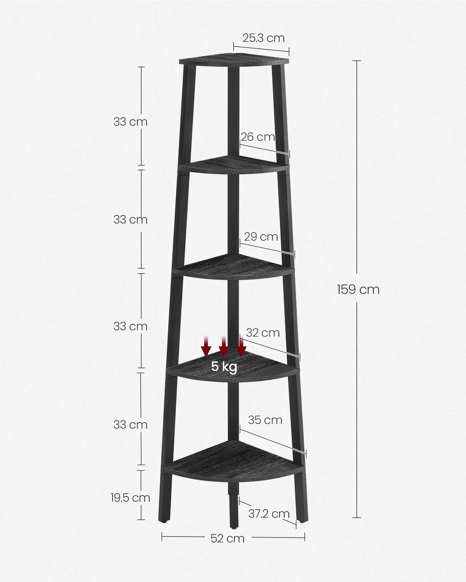 خزانة كتب ركنية بإطار فولاذية ، 5 مستويات ، H: 4 ، من من VASAGLE