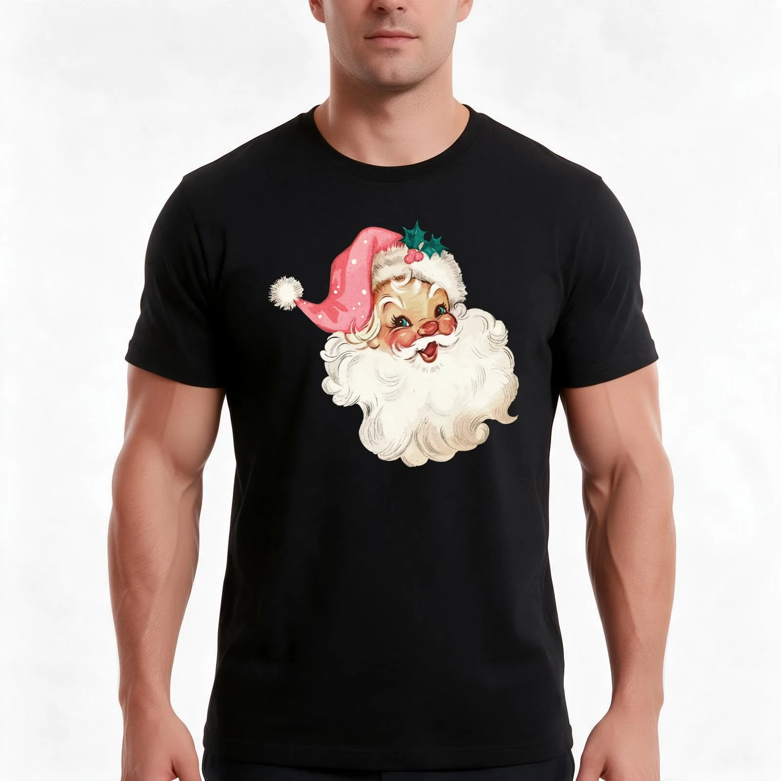 Retro Santa Claus Mid Century Modern Cute Pink Santa T-Shirt, Summer Casual Cotton Tee, Oversized Streetwear Tops, 100% Cotton