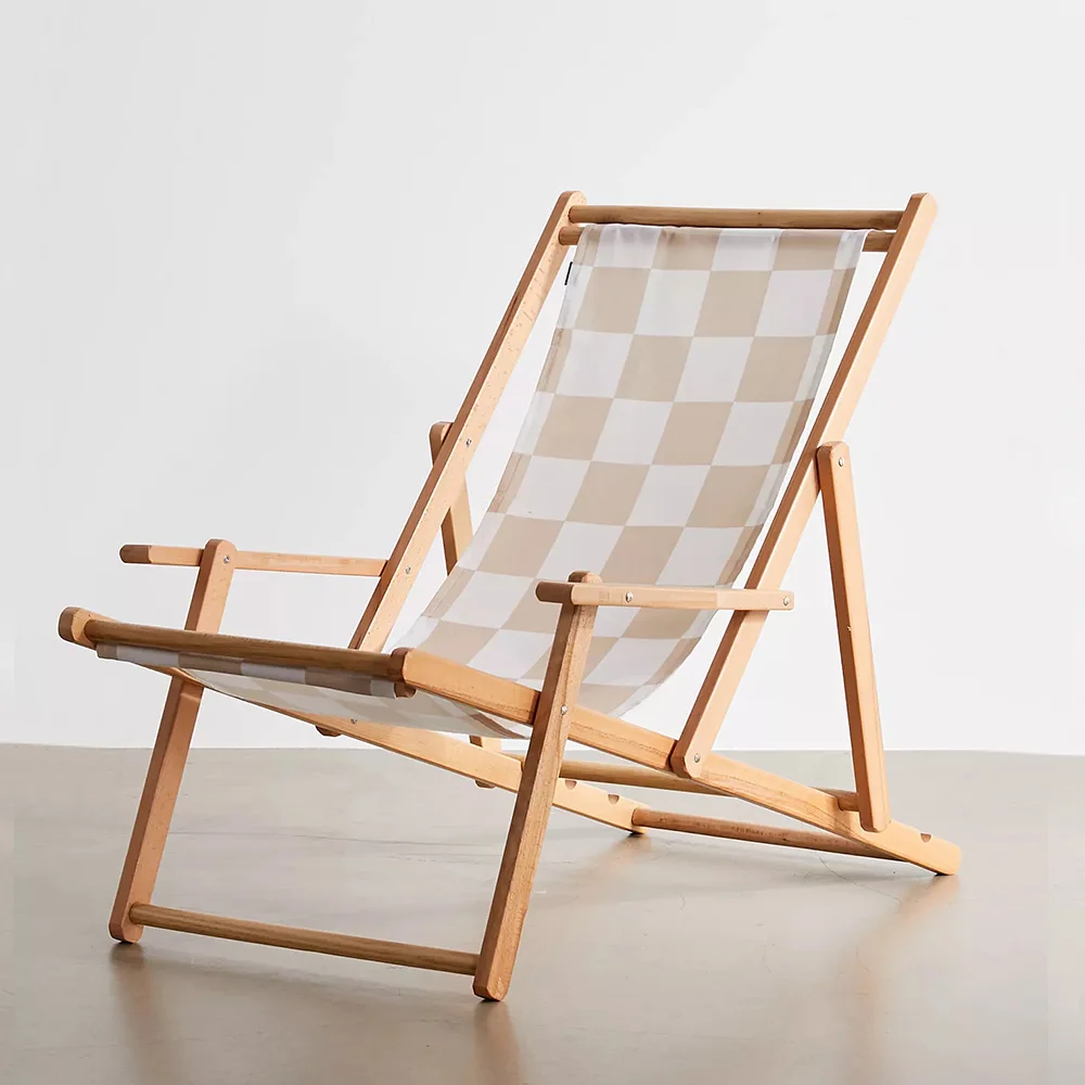 Vintage hotel portable pink adjustable 3-position folding beach chair foldable polyester sling seat wooden reclining beach chair