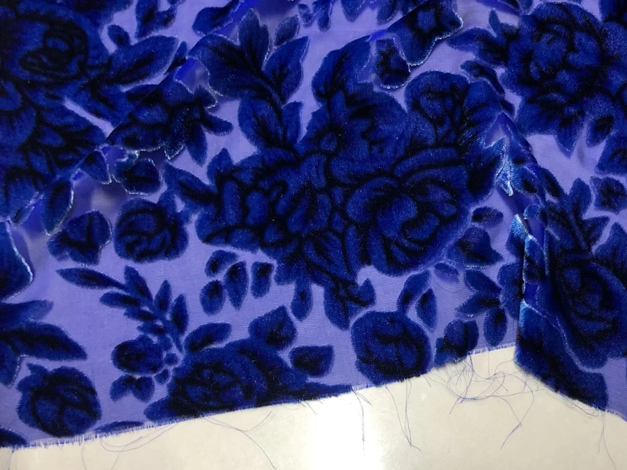 Purple Blue Real Silk Velvet Cut Flower Fabric Non-Inverted Hollow Clothing Cheongsam and Dress