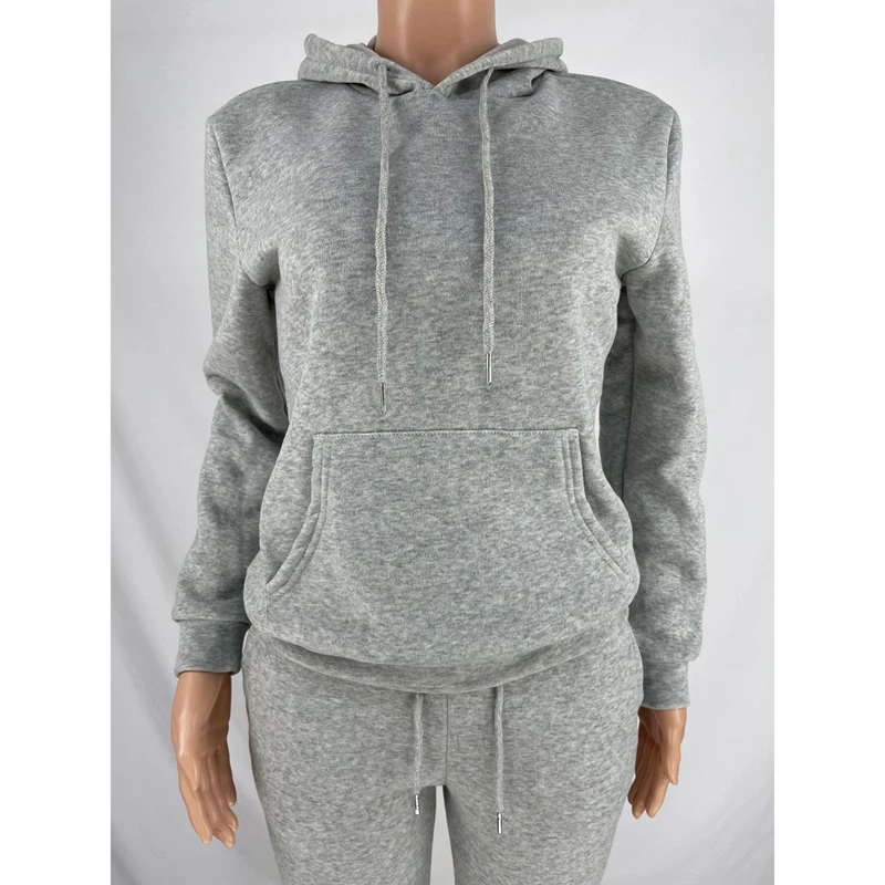 Grey Hoodie Tracksuit Women Set Winter Thick Sweatshirts and Stacked Sweatpants Jogger Set Sport Two Piece Sweatsuits for Women