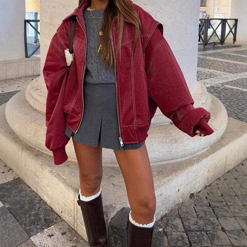 Individualidade lapela zíper jaqueta de manga comprida europeu americano cross-border nova moda feminilidade commuter rua casaco solto