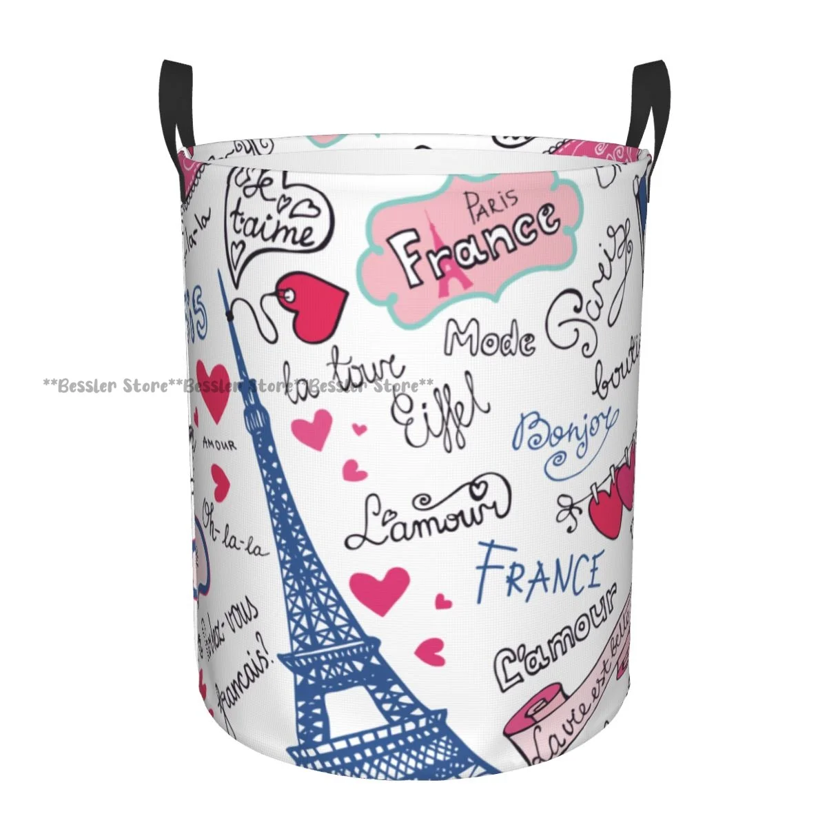 Folding Laundry Basket Paris Eiffel Love Words Round Storage Bin Collapsible Hamper Clothes Bucket Organizer