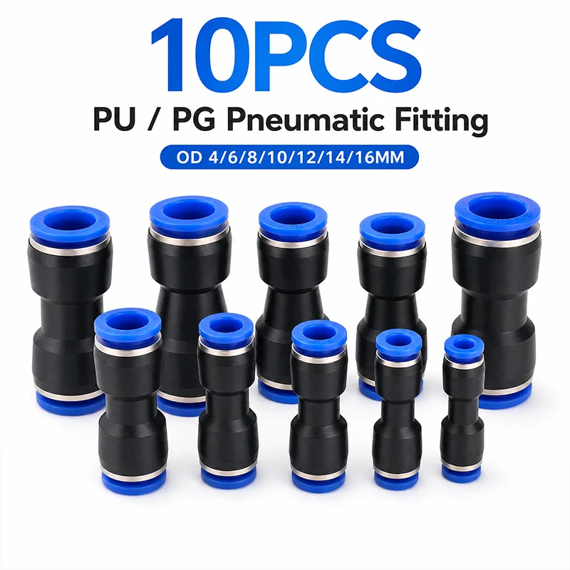 10Pcs Pneumatic Fitting PU PG Straight Reducer Push in Connectors for Air Water Hose Tube OD 4mm 6mm 8mm 10mm 12mm 14mm 16mm