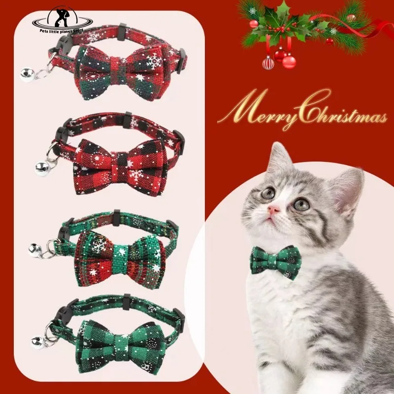 Bowknot Breakaway Cat Kitten Collar Bow Tie Adjustable Dog Collar with Bell Plaid Safety Buckle Christmas Pet Collar Necklace