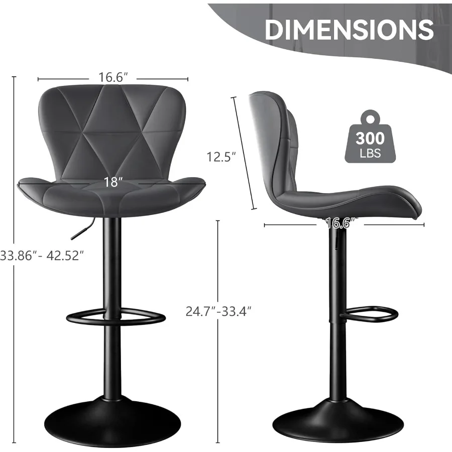 バースツール 4脚セット 調節可能な回転式バースツール カウンターハイトバースツール 背もたれ付き フェイクレザー キッチンアイランドバーチェア ダークG